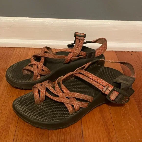 Chaco Gray Slip-On Sandals with Orange Straps CHACO ORANGE GRAY WHITE STRAPPY SLIP ON FLIP FLOP THONGS  main image 3
